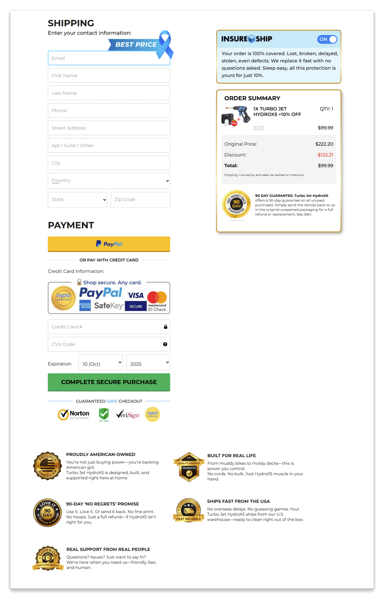 HydroX5 Power Washer checkout page